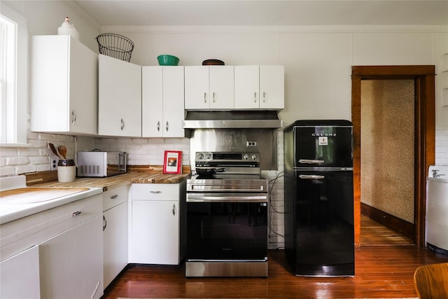 12 Highview Ave, Callicoon, NY 12723 - kitchen featuring stainless steel range with electric cooktop, freestanding refrigerator, range hood, and dark wood finished floors