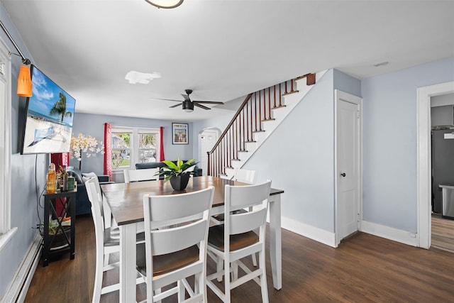 dining space featuring ceiling fan, wood finished floors, baseboard heating, and stairway