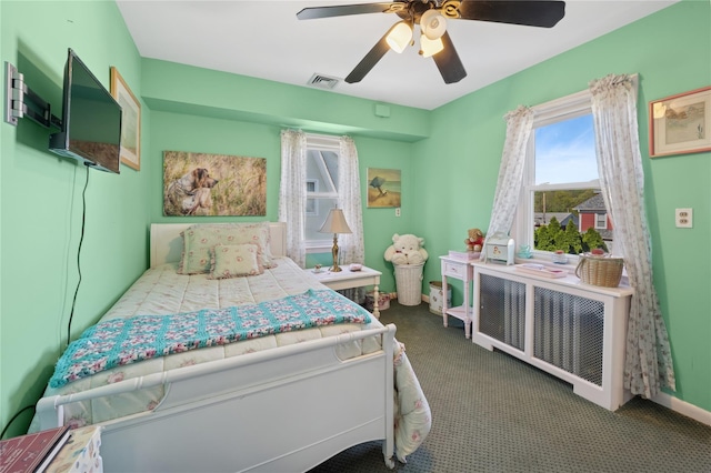 219 Third Ave, Pelham, NY 10803 - bedroom featuring visible vents, carpet floors, radiator, baseboards, and a ceiling fan