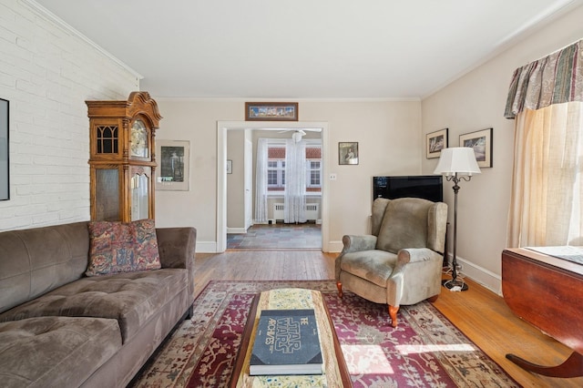 219 Third Ave, Pelham, NY 10803 - living room featuring wood finished floors, radiator, crown molding, baseboards, and brick wall