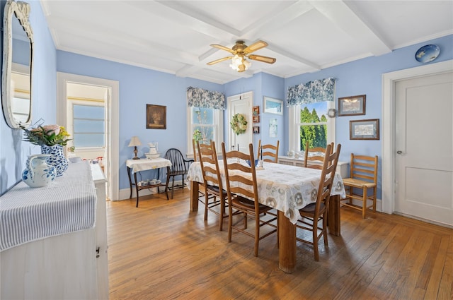 219 Third Ave, Pelham, NY 10803 - dining area with coffered ceiling, hardwood / wood-style flooring, a ceiling fan, and beam ceiling