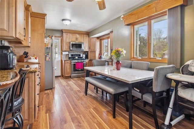 kitchen featuring light stone countertops, ceiling fan, light wood-type flooring, appliances with stainless steel finishes, and backsplash