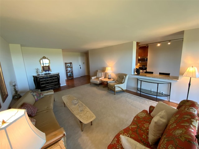 living room featuring carpet flooring and rail lighting