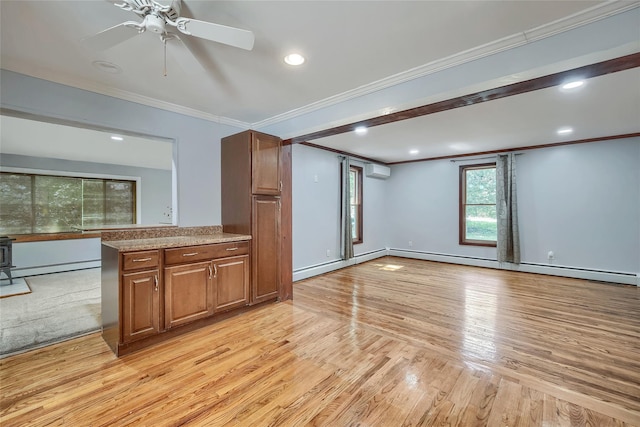 unfurnished living room featuring crown molding, ceiling fan, an AC wall unit, light wood-type flooring, and a baseboard radiator