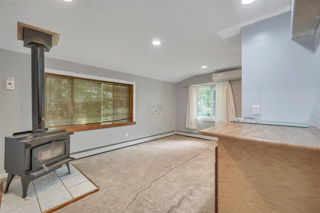 unfurnished living room featuring a wood stove, lofted ceiling, recessed lighting, a baseboard heating unit, and a wall mounted AC