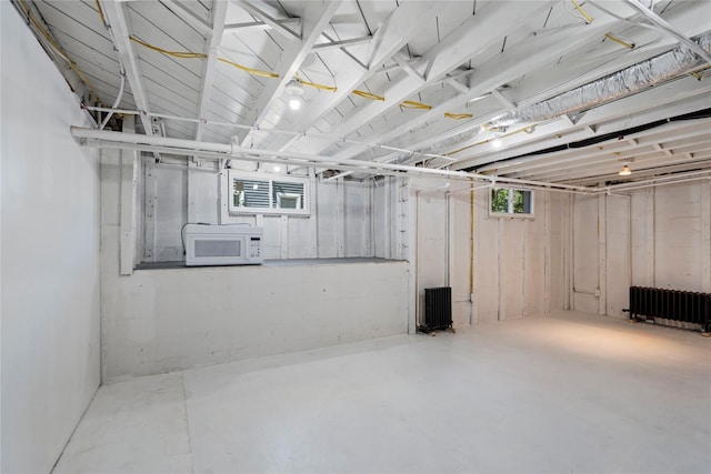 basement with radiator heating unit