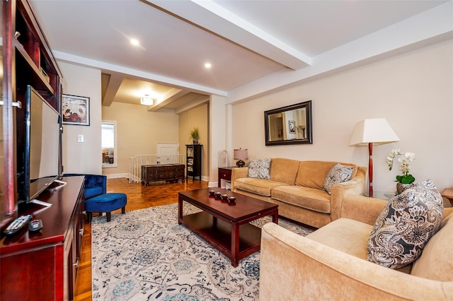 living room featuring wood finished floors, recessed lighting, beamed ceiling, and baseboards