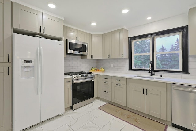 26 Hoke Dr, Stony Point, NY 10980 - kitchen with recessed lighting, marble finish floor, a sink, stainless steel appliances, and tasteful backsplash