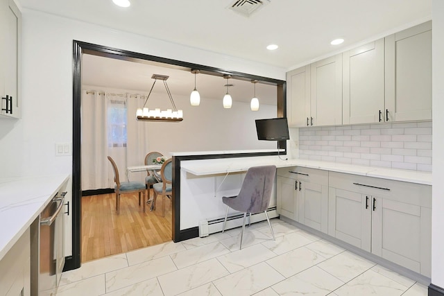 26 Hoke Dr, Stony Point, NY 10980 - kitchen featuring recessed lighting, a baseboard heating unit, marble finish floor, visible vents, and gray cabinets