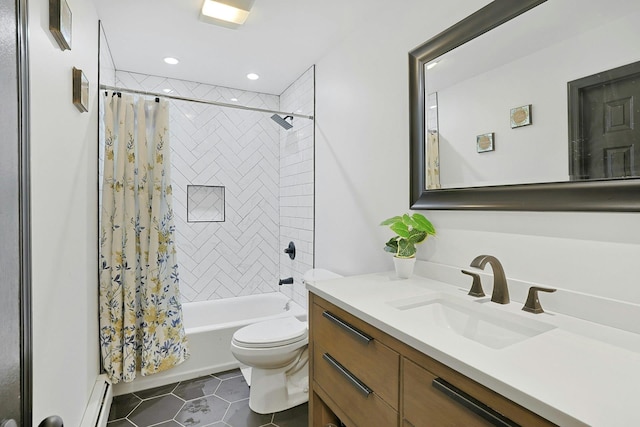26 Hoke Dr, Stony Point, NY 10980 - bathroom featuring toilet, tile patterned floors, visible vents, a baseboard heating unit, and shower / bathtub combination with curtain