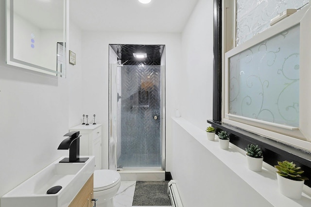 26 Hoke Dr, Stony Point, NY 10980 - bathroom with toilet, a stall shower, vanity, marble finish floor, and a baseboard radiator