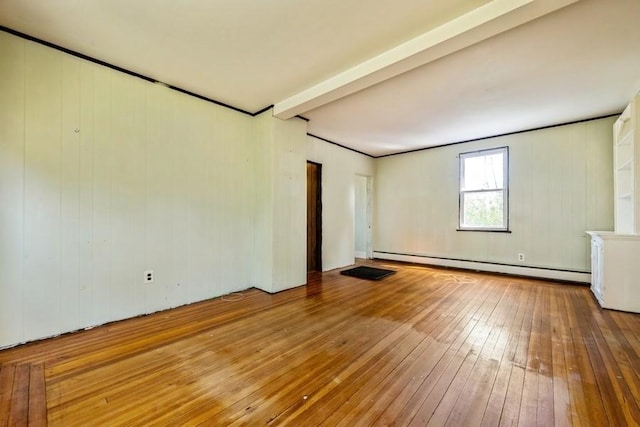 unfurnished room featuring wood-type flooring and a baseboard heating unit