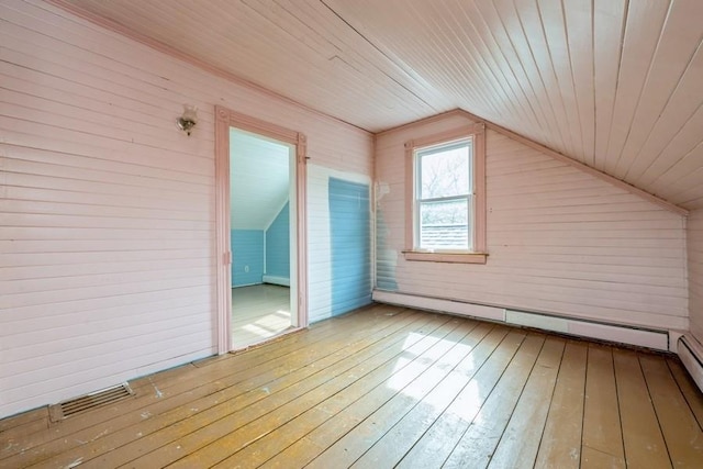 additional living space featuring wood ceiling, visible vents, hardwood / wood-style flooring, lofted ceiling, and wooden walls