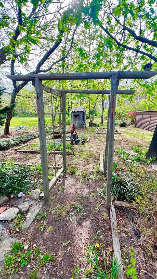 view of yard featuring an outdoor structure and a storage unit