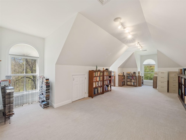 bonus room with light carpet and lofted ceiling
