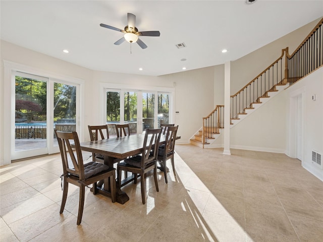 dining area featuring stairway, ceiling fan, recessed lighting, and visible vents