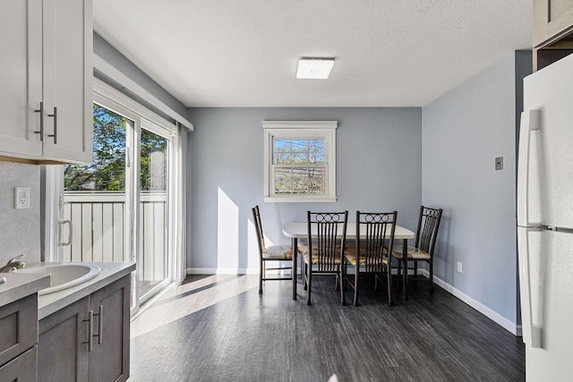 dining area with baseboards, a textured ceiling, dark wood-style flooring, and a healthy amount of sunlight