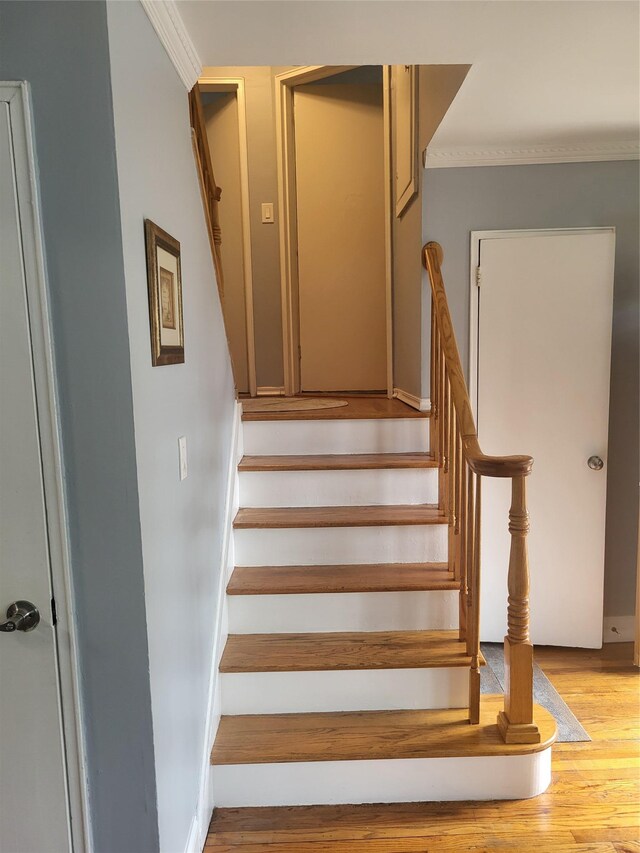 142 Pembrook Dr, Yonkers, NY 10710 - stairway with crown molding, baseboards, and wood finished floors
