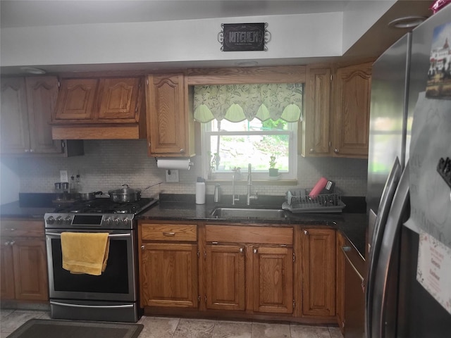 142 Pembrook Dr, Yonkers, NY 10710 - kitchen with brown cabinets, a sink, appliances with stainless steel finishes, tasteful backsplash, and custom exhaust hood
