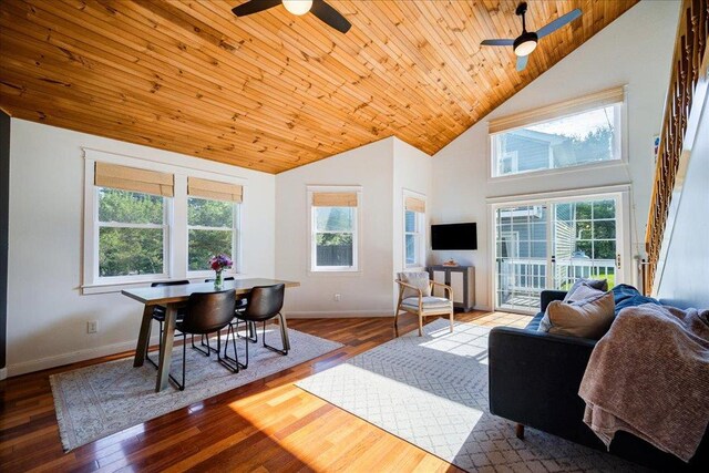 living area with wood ceiling, plenty of natural light, a ceiling fan, and high vaulted ceiling