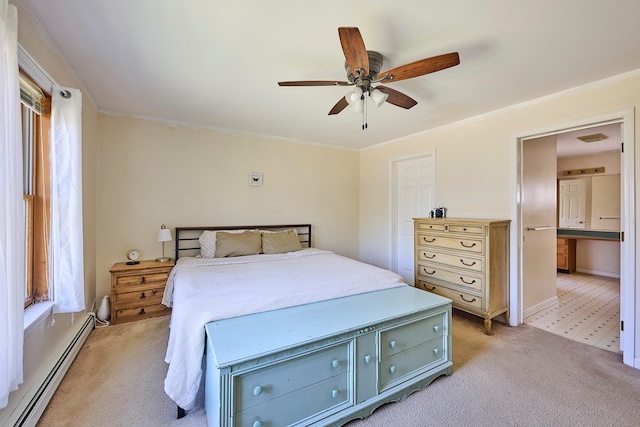 bedroom with baseboards, ceiling fan, light carpet, and a baseboard heating unit