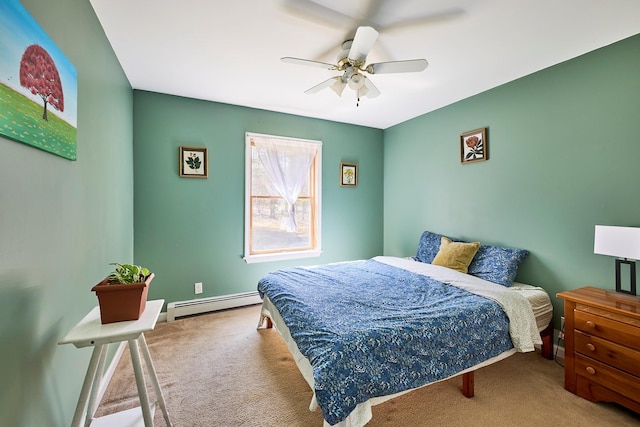 carpeted bedroom featuring ceiling fan and a baseboard heating unit