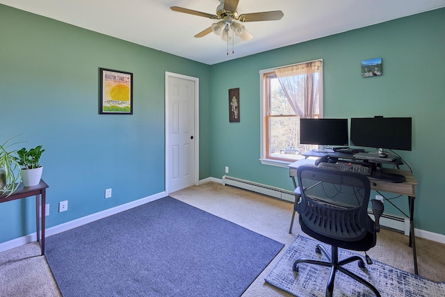office with baseboards, a baseboard radiator, carpet, and ceiling fan