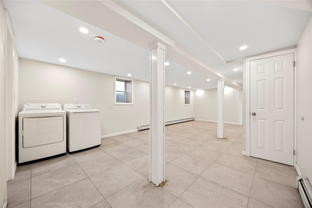 61-12 160th St, Fresh Meadows, NY 11365 - laundry area featuring washer and clothes dryer, a baseboard radiator, recessed lighting, and light tile patterned floors