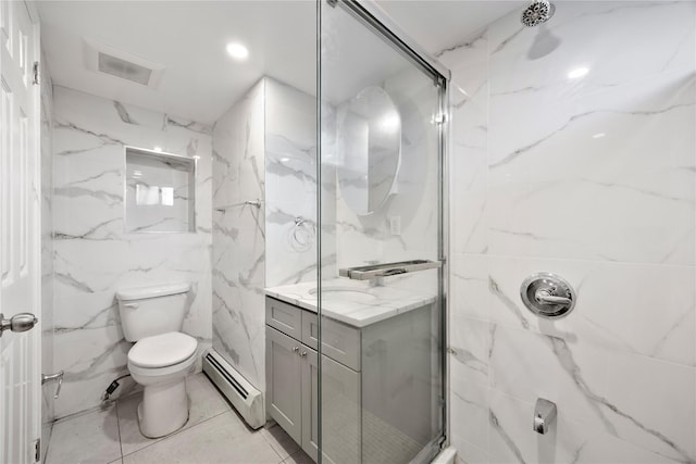 61-12 160th St, Fresh Meadows, NY 11365 - full bathroom with a baseboard heating unit, vanity, a marble finish shower, tile walls, and toilet