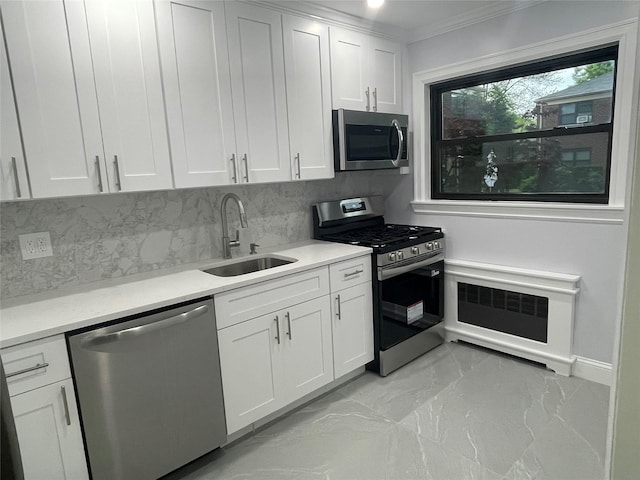22048 75th Ave Unit A1, Bayside, NY 11364 - kitchen with appliances with stainless steel finishes, a sink, light marble finish flooring, crown molding, and decorative backsplash
