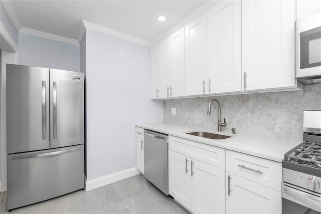 22048 75th Ave Unit A1, Bayside, NY 11364 - kitchen featuring appliances with stainless steel finishes, a sink, baseboards, crown molding, and light countertops