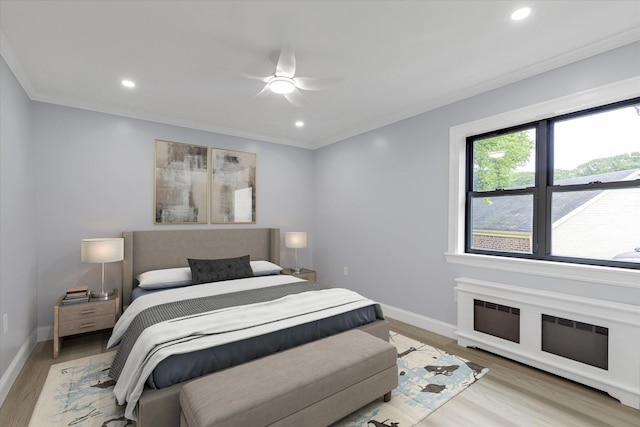 22048 75th Ave Unit A1, Bayside, NY 11364 - bedroom featuring crown molding, light wood-style flooring, recessed lighting, and a ceiling fan