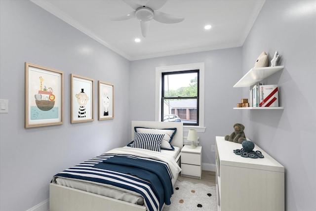 22048 75th Ave Unit A1, Bayside, NY 11364 - bedroom with recessed lighting, crown molding, light wood-style floors, and ceiling fan