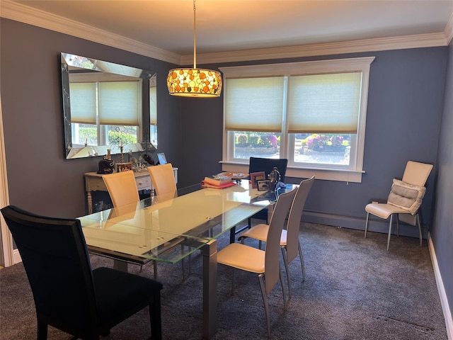 dining room with crown molding, baseboards, carpet, and a baseboard radiator
