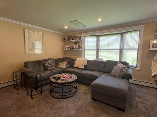carpeted living room with crown molding, a baseboard heating unit, and visible vents