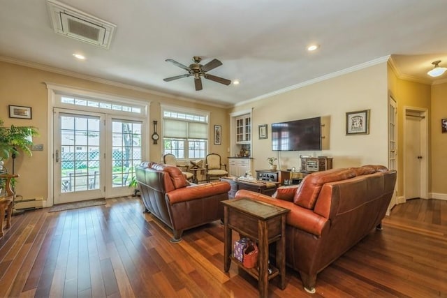 708 Seabury Ave, Franklin Square, NY 11010 - living area with ornamental molding, a ceiling fan, a baseboard heating unit, visible vents, and dark wood-style floors