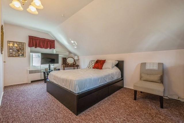 708 Seabury Ave, Franklin Square, NY 11010 - bedroom featuring carpet floors, vaulted ceiling, radiator heating unit, and a wall mounted air conditioner