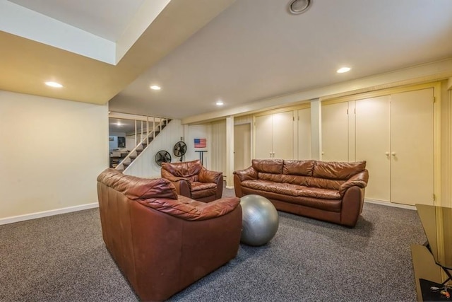 708 Seabury Ave, Franklin Square, NY 11010 - carpeted living room featuring recessed lighting, baseboards, and stairs
