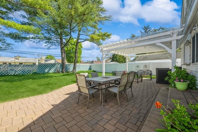 708 Seabury Ave, Franklin Square, NY 11010 - view of patio with a fenced backyard, a pergola, and outdoor dining space