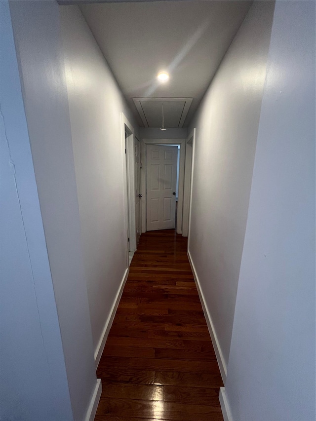 corridor featuring baseboards, wood finished floors, and attic access