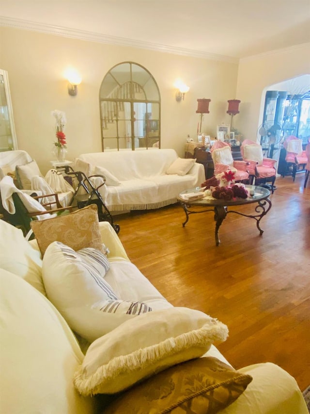 living room featuring ornamental molding and wood finished floors