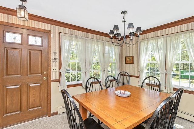 8 Parkside Ave, Miller Place, NY 11764 - dining room with light colored carpet, baseboards, a baseboard radiator, an inviting chandelier, and wallpapered walls