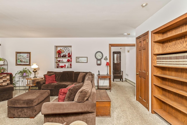 8 Parkside Ave, Miller Place, NY 11764 - living room featuring carpet floors, a baseboard heating unit, and a baseboard radiator