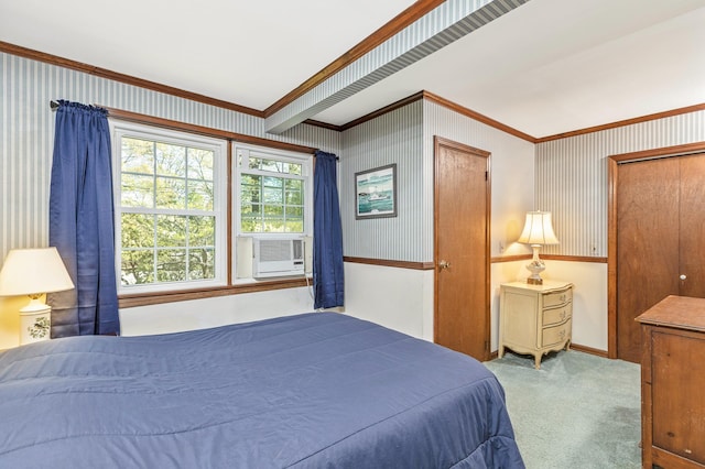 8 Parkside Ave, Miller Place, NY 11764 - carpeted bedroom with ornamental molding, cooling unit, and wallpapered walls