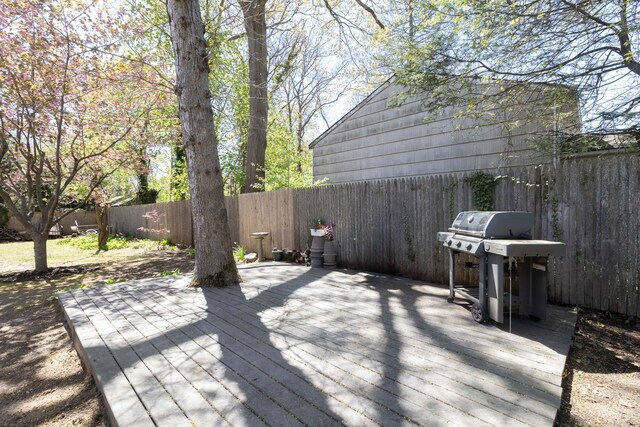 8 Parkside Ave, Miller Place, NY 11764 - wooden deck with a fenced backyard and a grill