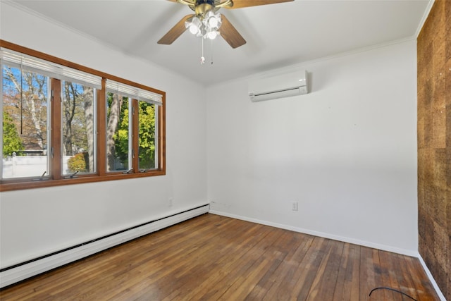 empty room featuring baseboard heating, wood-type flooring, a ceiling fan, a wall unit AC, and ornamental molding