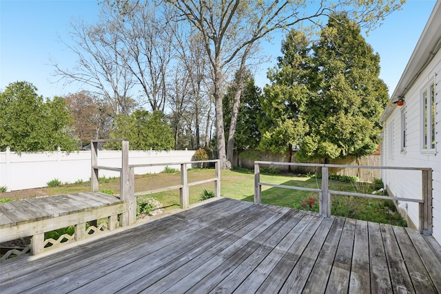 deck with a yard and a fenced backyard