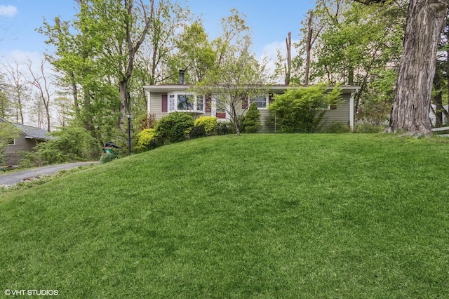 single story home with a front lawn