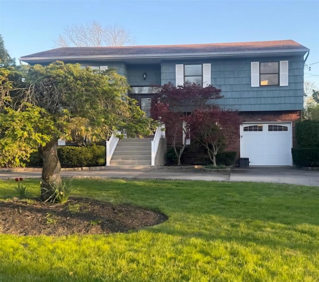 view of front facade with a garage, a front lawn, and stairway