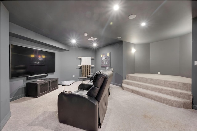 home theater room with recessed lighting, baseboards, visible vents, and light carpet